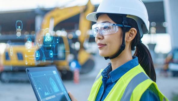 スマートグラスで重機を操作する未来の現場の写真