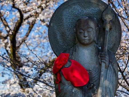 熊谷桜堤の桜と地蔵の写真