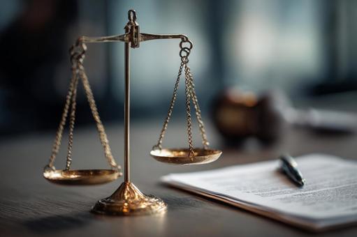 法律事務所のデスクにある天秤と書類 法律事務所のデスクにある天秤と書類の写真