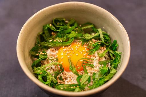 Rice topped with egg and plenty of shirasu and perilla leaves, JPG