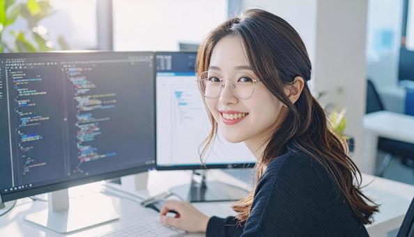 プログラミングをする女性エンジニア プログラミングをする女性エンジニアの写真