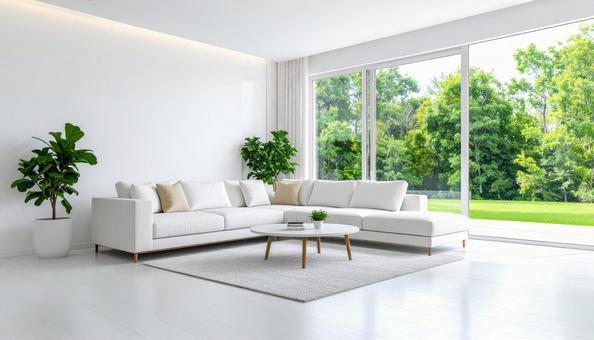 白を基調としたシンプルなリビングルーム 白を基調としたシンプルなリビングルームの写真