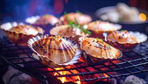 浜焼き 網で焼かれる魚介類 浜焼き 網で焼かれる魚介類の写真