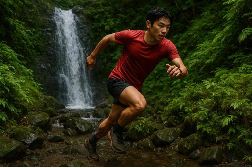 滝のそばを駆け抜けるトレイルランナー 滝のそばを駆け抜けるトレイルランナーの写真