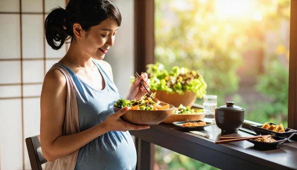 食事を美味しそうに食べる妊婦 食事を美味しそうに食べる妊婦の写真