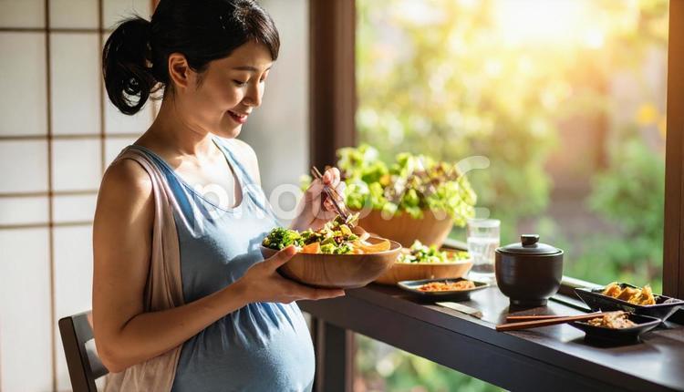 食事を美味しそうに食べる妊婦 満腹,夕食,明るいの写真素材