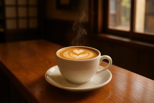 木製カウンターのカフェラテ 木製カウンターのカフェラテの写真