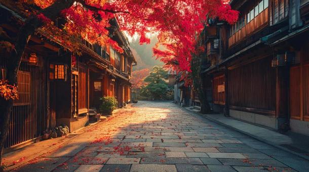 朝日と赤い紅葉の日本伝統街並み 朝日と赤い紅葉の日本伝統街並み の写真