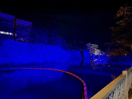 福井城跡　世界糖尿病デー　ライトアップ 飾り,ブルーライト,青の写真素材