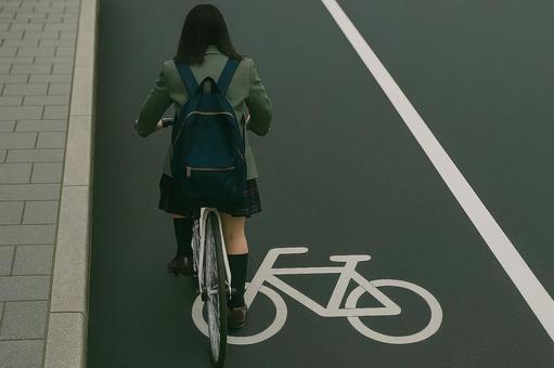 自転車レーンを走行する女子高生 自転車レーンを走行する女子高生の写真