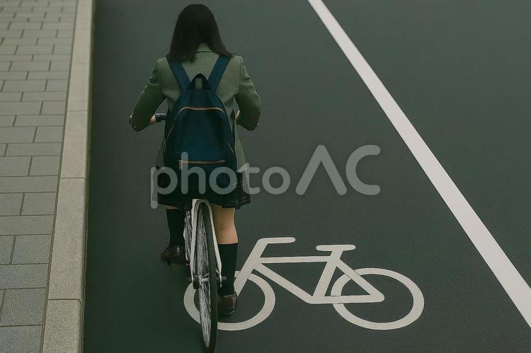 自転車レーンを走行する女子高生 自転車レーン,自転車通学,女子高生の写真素材