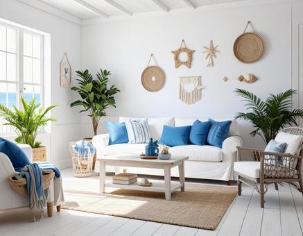 マリンブルーが映えるリビング空間の写真