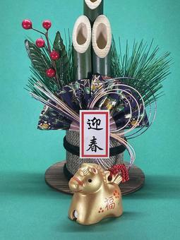 年賀状素材・干支・午年・門松の写真