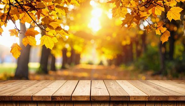 秋の紅葉と木のテーブル素材 秋の紅葉と木のテーブル素材の写真