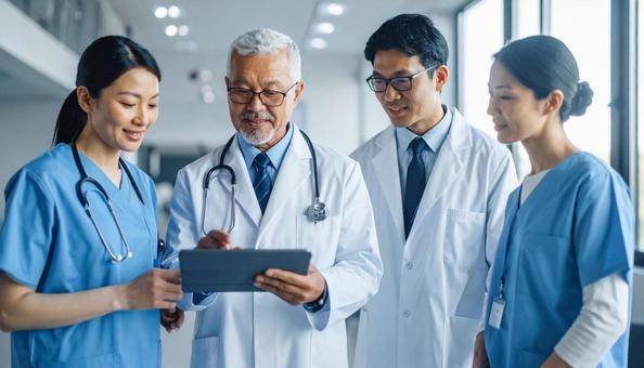 入院患者と家族に説明をする男性医師 入院患者と家族に説明をする男性医師の写真