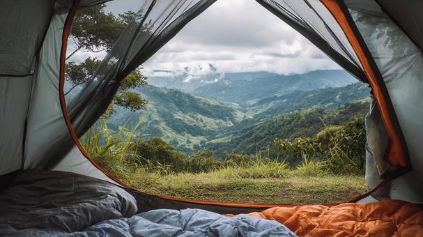 Waking up in nature: panoramic mountain views, camp, tent, outdoor, JPG