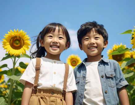 ひまわりと青空と子供たち ひまわりと青空と子供たちの写真