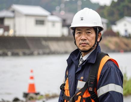 災害派遣・河川増水に立ち向かう現場責任者 災害派遣・河川増水に立ち向かう現場責任者の写真