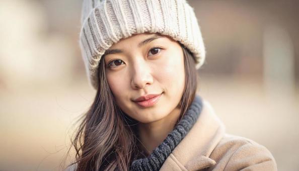 ニット帽をかぶる女性 冬 ニット帽をかぶる女性 冬の写真