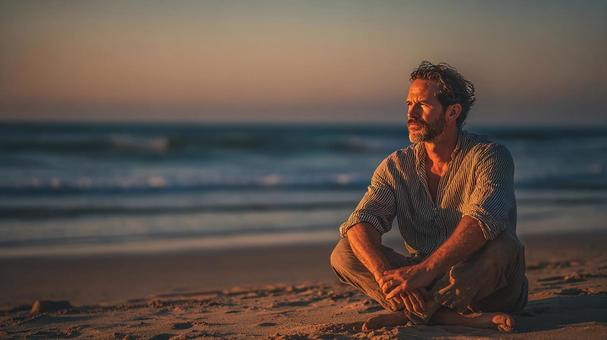 夕暮れのビーチで物思いにふける男性 夕暮れのビーチで物思いにふける男性の写真