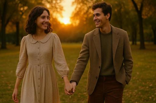 夕暮れに手をつなぐ二人の写真