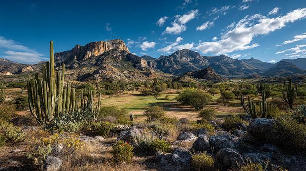 サボテンと荒々しい岩山が特徴の砂漠の写真