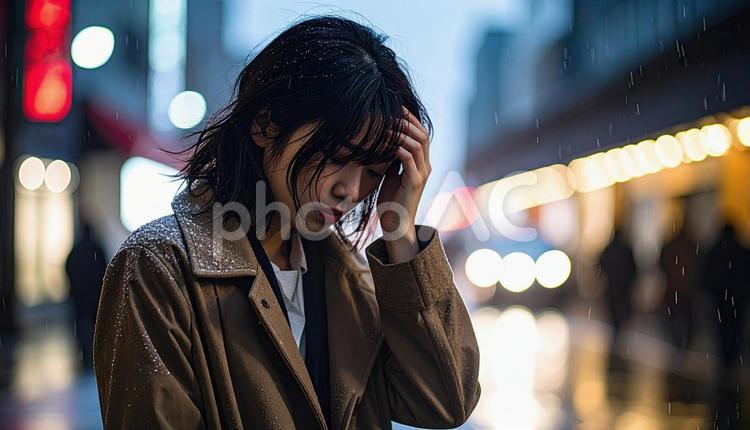 頭を抱えて落ち込む日本人女性 女性,ビジネスウーマン,キャリアウーマンの写真素材