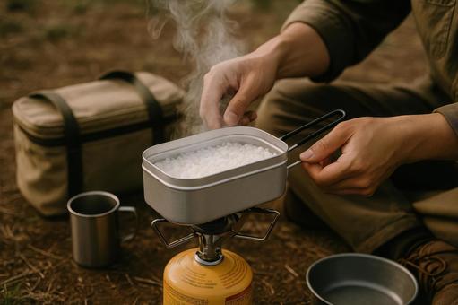 メスティンでご飯を炊くシーン メスティンでご飯を炊くシーンの写真