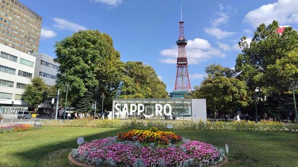 秋の大通公園「SAPPORO」発見 札幌,大通公園,テレビ塔の写真素材