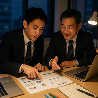 夜のオフィスで作業 夜のオフィスで作業の写真