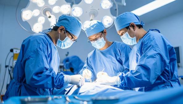 手術室で医師チームが手術で執刀している 手術室で医師チームが手術で執刀しているの写真