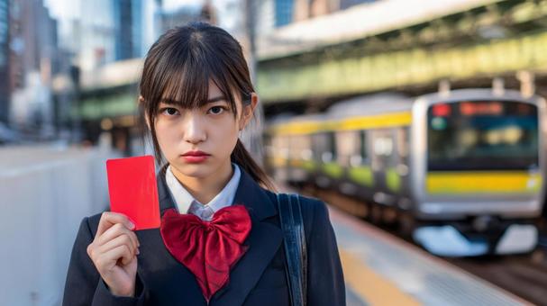 レッドカードを掲げる女子高生と電車4の写真