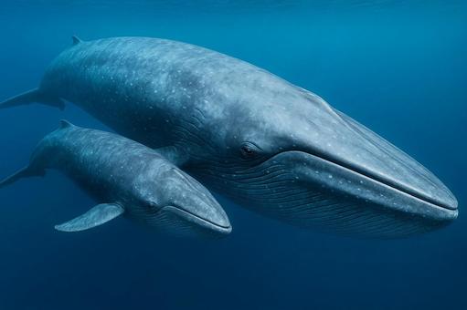 シロナガスクジラの親子が青い海を泳ぐ シロナガスクジラの親子が青い海を泳ぐの写真
