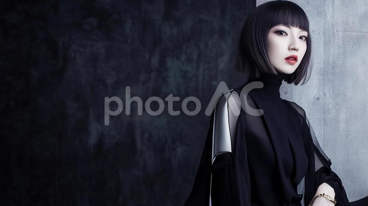 黒いドレスを着たボブヘアーの魅惑的な女性 黒いドレス,モノトーン,モデル風の写真素材