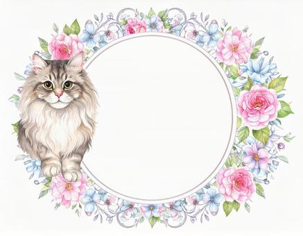 猫と花のフレームの写真