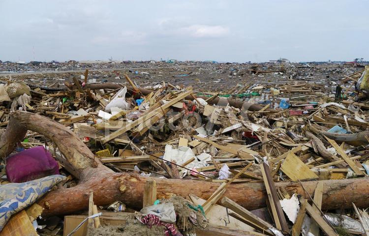 東日本大震災後の荒浜地区 震災,宮城,がれきの写真素材