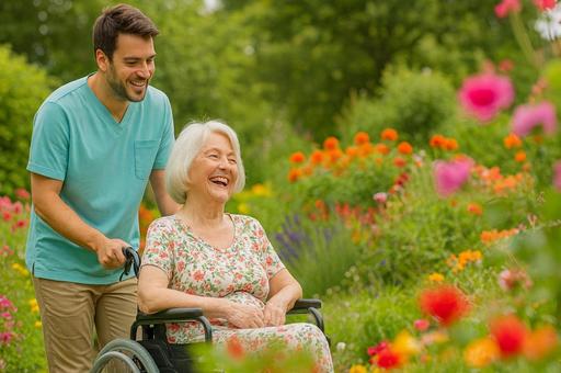 色とりどりの花に囲まれた介護士と高齢女性の写真