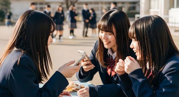 昼休みにスマホで盛り上がる3人の女子高生 昼休みにスマホで盛り上がる3人の女子高生の写真