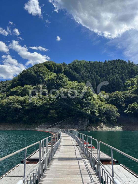 橋の先の大自然  縦 湖,道,歩道の写真素材
