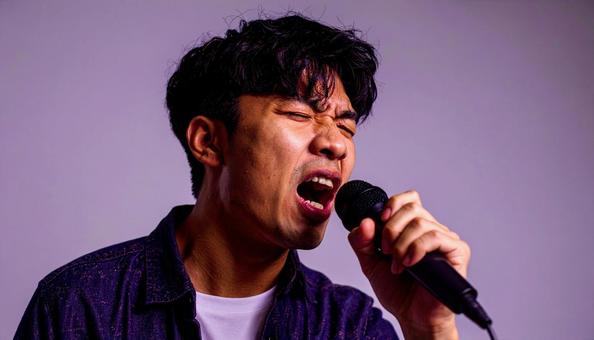 マイクを持って熱唱する日本人男性 マイクを持って熱唱する日本人男性の写真