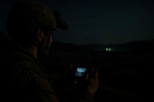 夜間操作する兵士とドローン 夜間操作する兵士とドローンの写真