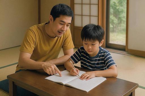 夏休みの宿題をする親子 夏休みの宿題をする親子の写真