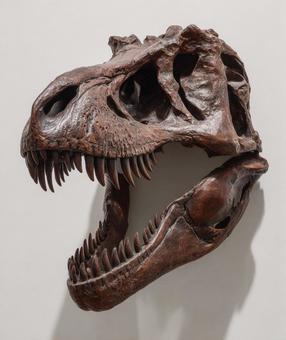 博物館の展示：恐竜の頭部標本の写真