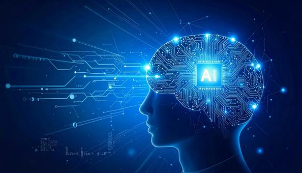 サイバー空間に浮かぶ人の脳の形の電気回路の写真