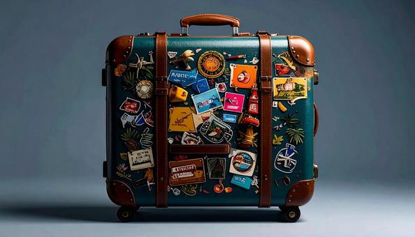 ステッカーをたくさん貼ったスーツケースの写真