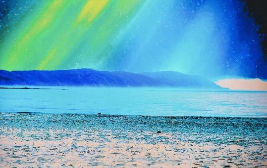 冬の海に降り注ぐオーロラ 背景,オーロラ,壁紙の写真素材