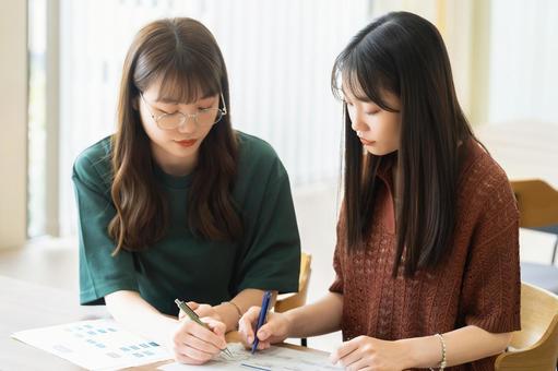 資料を見て打ち合わせをする2人の女性 資料を見て打ち合わせをする2人の女性 女性,2人,打ち合わせの写真素材