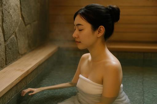 水風呂に入る女性の横顔 水風呂に入る女性の横顔の写真