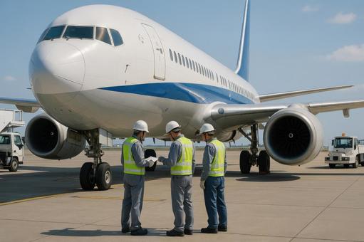 駐機中の飛行機と整備作業員 駐機中の飛行機と整備作業員の写真