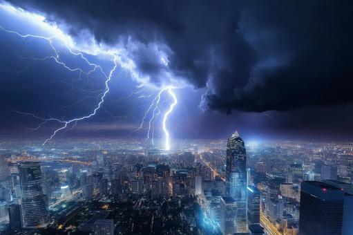 夜景が美しい街並みに落ちるカミナリ 夜景が美しい街並みに落ちるカミナリの写真